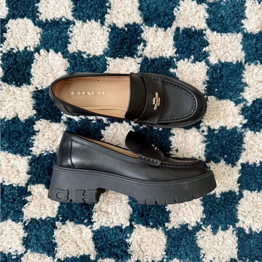 Coach Ruthie black leather chunky platform loafers